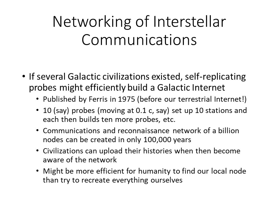 Networking of Interstellar Communications
If several Galactic civilizations existed, self-replicating probes might efficiently build a Galactic Internet
Published by Ferris in 1975 (before our terrestrial Internet!) 
10 (say) probes (moving at 0.1 c, say) set up 10 stations and each then builds ten more probes, etc.
Communications and reconnaissance network of a billion nodes can be created in only 100,000 years
Civilizations can upload their histories when then become aware of the network
Might be more efficient for humanity to find our local node than try to recreate everything ourselves